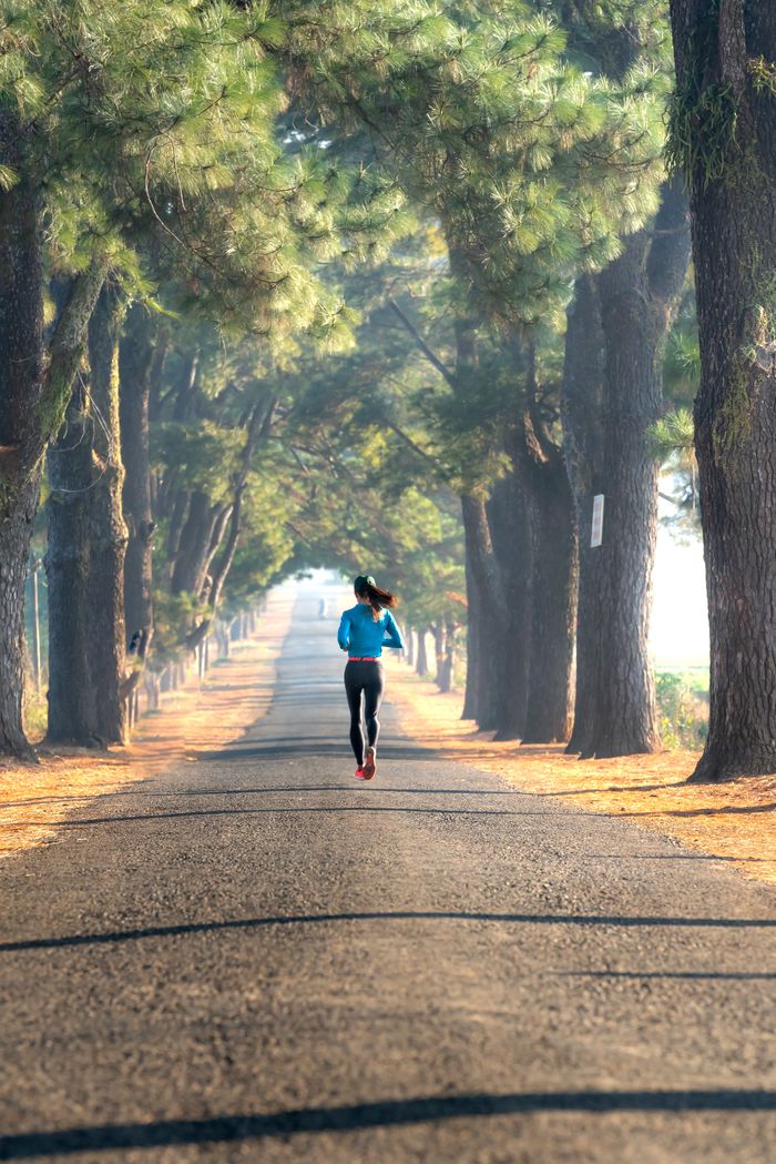 A woman runs through a picturesque tree-lined path in a park, surrounded by nature.